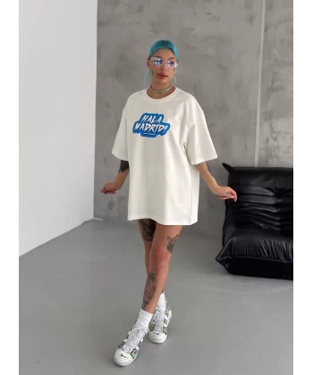 Unisex Bisiklet Yaka Baskılı Oversize T-Shirt - Beyaz