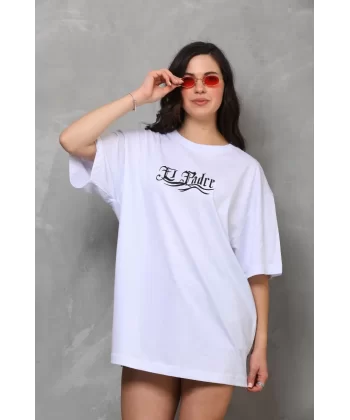 Unisex Bisiklet Yaka Baskılı Oversize T-Shirt - Beyaz