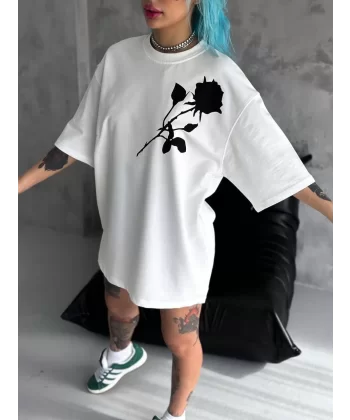 Unisex Bisiklet Yaka Baskılı Oversize T-Shirt - Beyaz