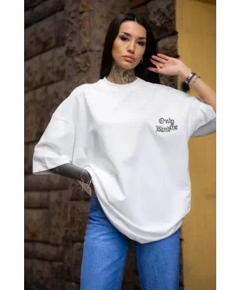 Unisex Bisiklet Yaka Baskılı Oversize T-Shirt - Beyaz