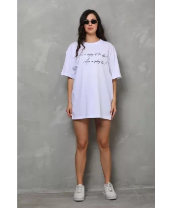 Unisex Bisiklet Yaka Baskılı Oversize T-Shirt - Beyaz