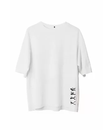 Unisex Bisiklet Yaka Baskılı Oversize T-Shirt - Beyaz