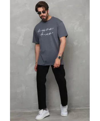 Unisex Bisiklet Yaka Baskılı Oversize T-Shirt - Füme