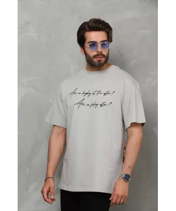 Unisex Bisiklet Yaka Baskılı Oversize T-Shirt - Gri