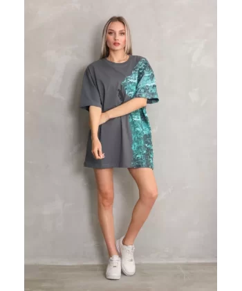 Unisex Bisiklet Yaka Baskılı Oversize T-Shirt - Gri