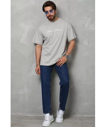 Unisex Bisiklet Yaka Baskılı Oversize T-Shirt - Gri