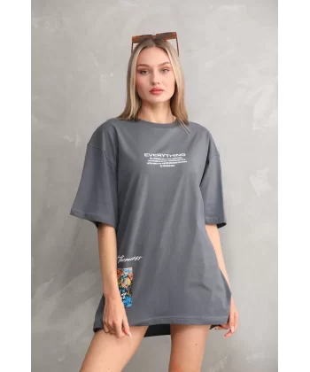 Unisex Bisiklet Yaka Baskılı Oversize T-Shirt - Gri