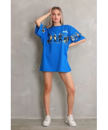 Unisex Bisiklet Yaka Baskılı Oversize T-Shirt - Mavi