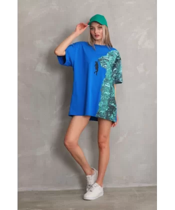 Unisex Bisiklet Yaka Baskılı Oversize T-Shirt - Mavi