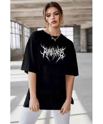 Unisex Bisiklet Yaka Baskılı Oversize T-Shirt - Siyah