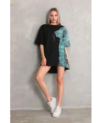 Unisex Bisiklet Yaka Baskılı Oversize T-Shirt - Siyah