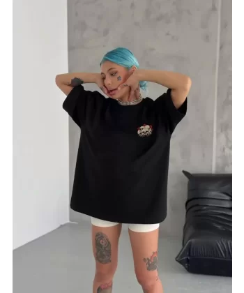 Unisex Bisiklet Yaka Baskılı Oversize T-Shirt - Siyah