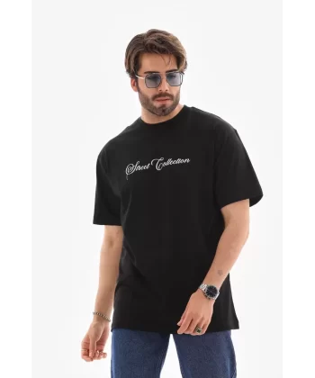 Unisex Bisiklet Yaka Baskılı Oversize T-Shirt - Siyah