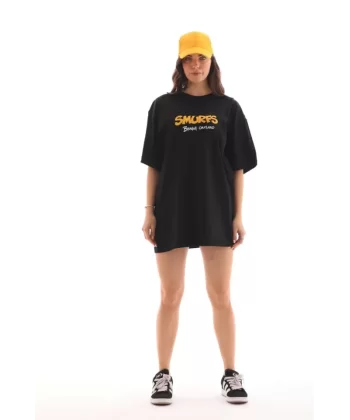 Unisex Bisiklet Yaka Baskılı Oversize T-Shirt - Siyah