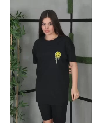 Unisex Bisiklet Yaka Baskılı Oversize T-Shirt - Siyah