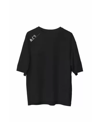 Unisex Bisiklet Yaka Baskılı Oversize T-Shirt - Siyah