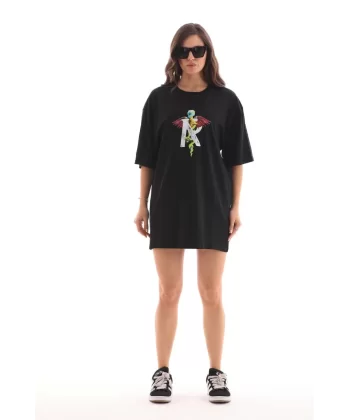 Unisex Bisiklet Yaka Baskılı Oversize T-Shirt - Siyah