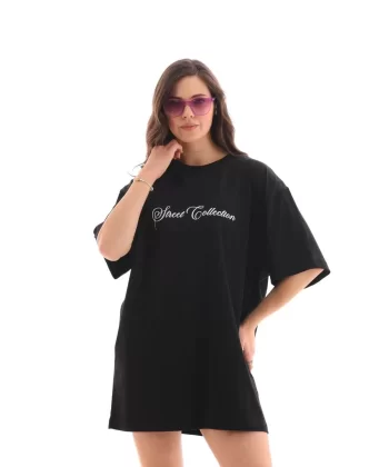 Unisex Bisiklet Yaka Baskılı Oversize T-Shirt - Siyah