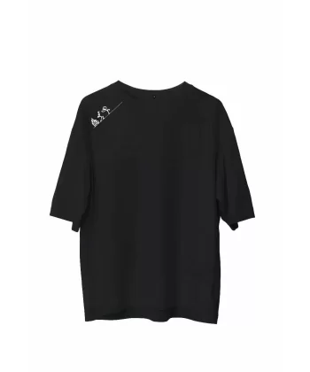 Unisex Bisiklet Yaka Baskılı Oversize T-Shirt - Siyah