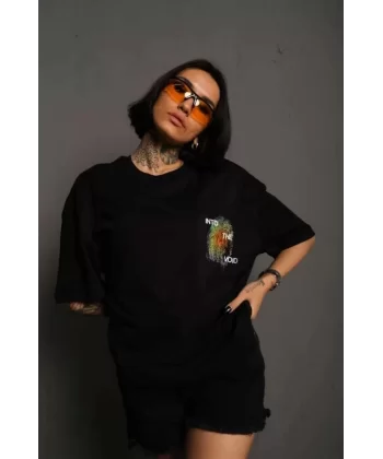 Unisex Bisiklet Yaka Baskılı Oversize T-Shirt - Siyah