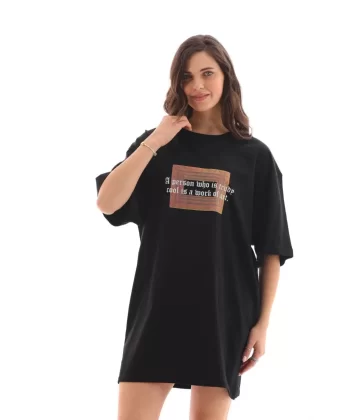 Unisex Bisiklet Yaka Baskılı Oversize T-Shirt - Siyah