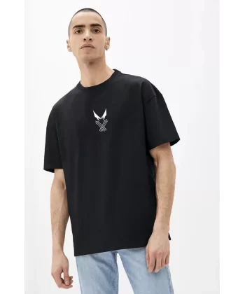 Unisex Bisiklet Yaka Baskılı Oversize T-Shirt - Siyah