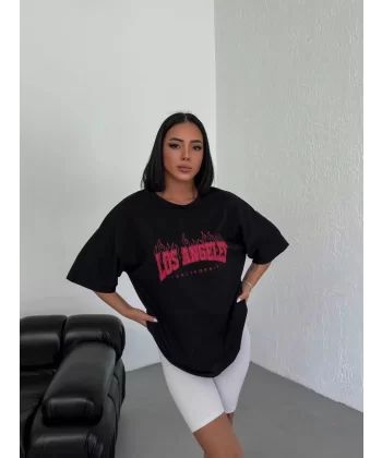 Unisex Bisiklet Yaka Baskılı Oversize T-Shirt - Siyah