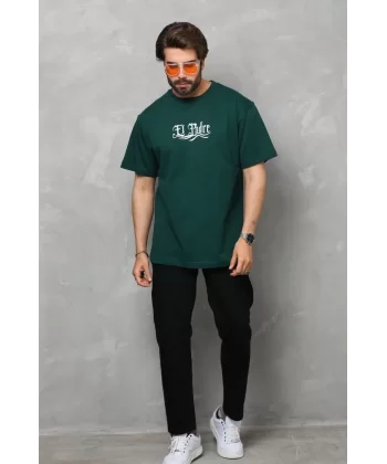 Unisex Bisiklet Yaka Baskılı Oversize T-Shirt - Yeşil