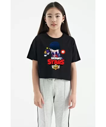 Unisex Bisiklet Yaka Kısa Kol Baskılı Çocuk T-Shirt - Siyah