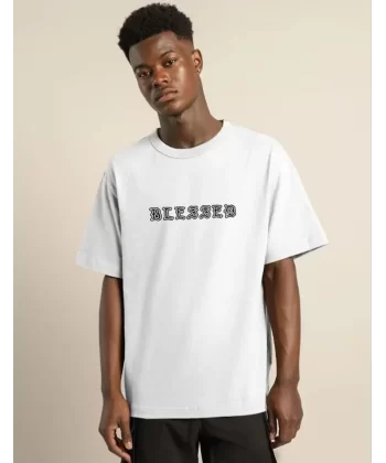 Unisex Bisiklet Yaka Oversize Baskılı T-Shirt - Beyaz