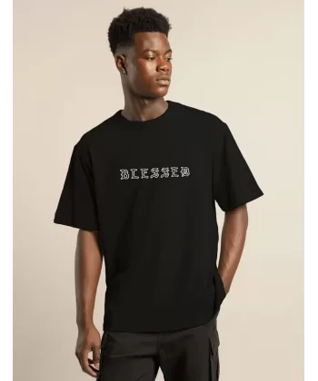 Unisex Bisiklet Yaka Oversize Baskılı T-Shirt - Siyah