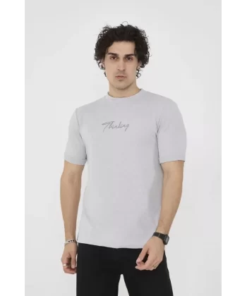 Unisex Bisiklet Yaka Slim Fit T-Shirt- Boyalı Gri