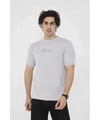 Unisex Bisiklet Yaka Slim fit T-Shirt- Boyalı Gri