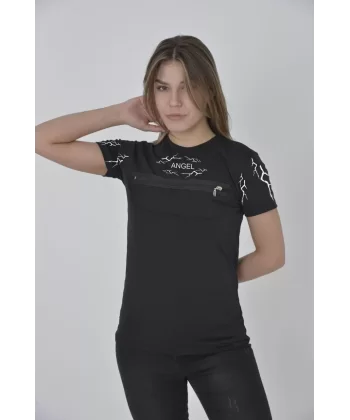 Unisex Göğüs Fermuarlı Baskılı T-Shirt - Siyah