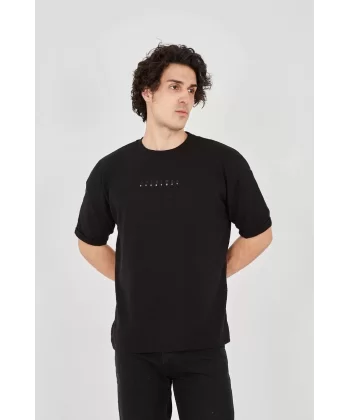 Unisex Jakar Kumaş Rahat Kol T-Shirt - Siyah