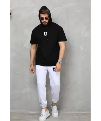 Unisex Kapşonlu Oversize T-Shirt Takım - Siyah