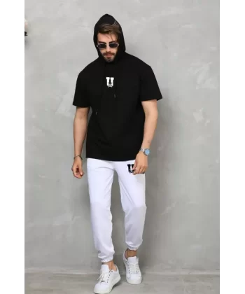 Unisex Kapşonlu Oversize T-Shirt Takım - Siyah