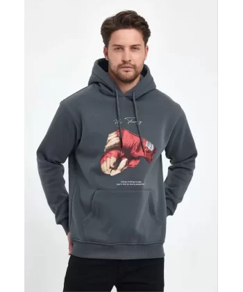 Unisex Kapüşonlu Üç İplik Oversize Baskılı Sweatshirt - Gri