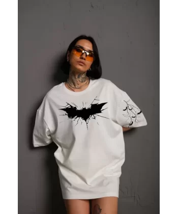 Unisex Ön Ve Kol Baskılı Oversize T-shirt - Beyaz