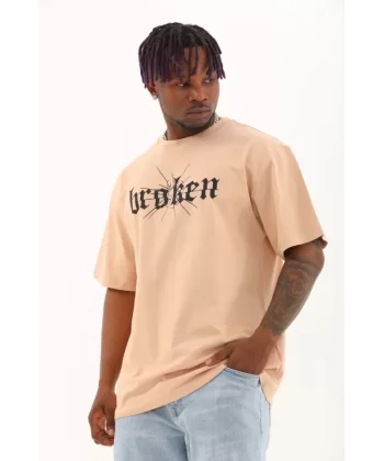 Unisex Oversize Baskılı Bisiklet Yaka T-Shirt - Bej