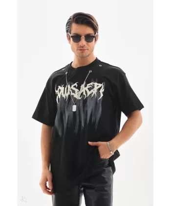 Unisex Oversize Kolye Dahil T-Shirt - Siyah