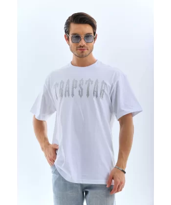 Unisex Oversize Taşlı Bisiklet Yaka T-Shirt - Beyaz