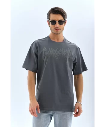 Unisex Oversize Taşlı Bisiklet Yaka T-Shirt - Füme