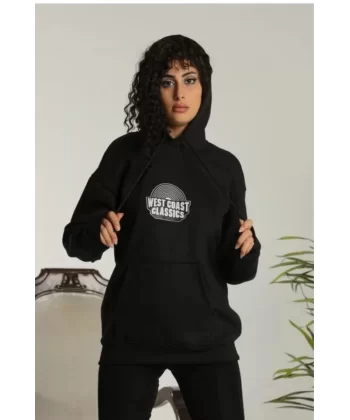 Unisex Sırt Baskılı Kapüşonlu Üç İplik Oversize Sweatshirt - Siyah