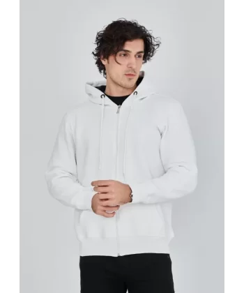 Unisex Tam Fermuarlı Kapşonlu  SweatShirt - Beyaz