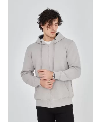 Unisex Tam Fermuarlı Kapşonlu  SweatShirt - Boyalı Gri