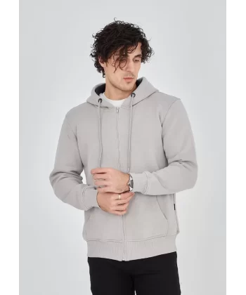 Unisex Tam Fermuarlı Kapşonlu  SweatShirt - Boyalı Gri