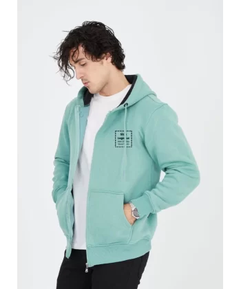 Unisex Tam Fermuarlı Kapşonlu Özel Tasarım SweatShirt - Mint Yeşili