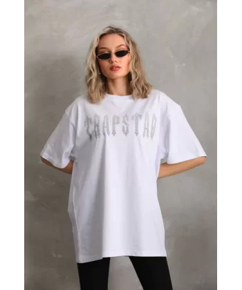 Unisex Taş Desenli Oversize T-Shirt - Beyaz