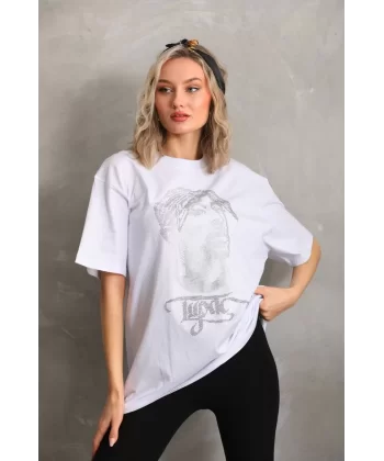 Unisex Taş Desenli Oversize T-Shirt - Beyaz